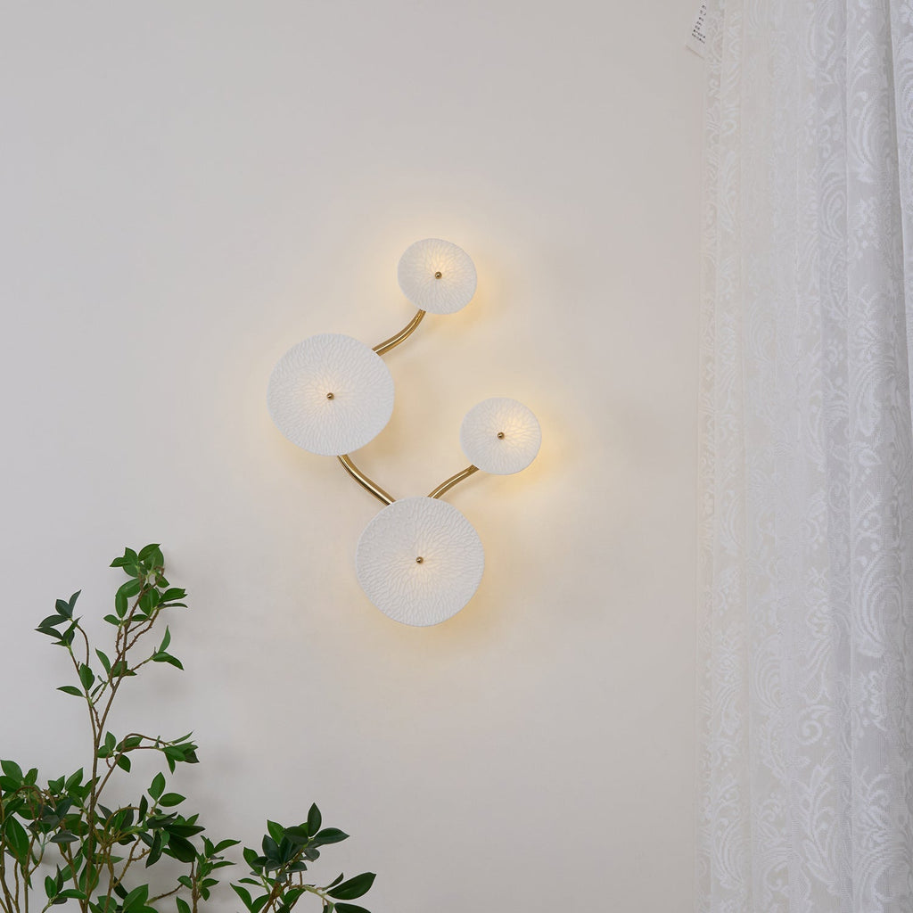 Wall Sconce, White Ceramic Lotus Petals, Gold Spine, G4 Hardwired