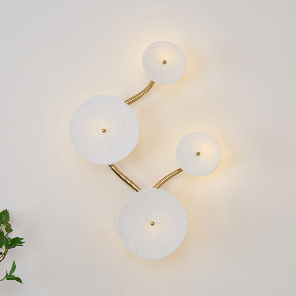 Wall Sconce, White Ceramic Lotus Petals, Gold Spine, G4 Hardwired