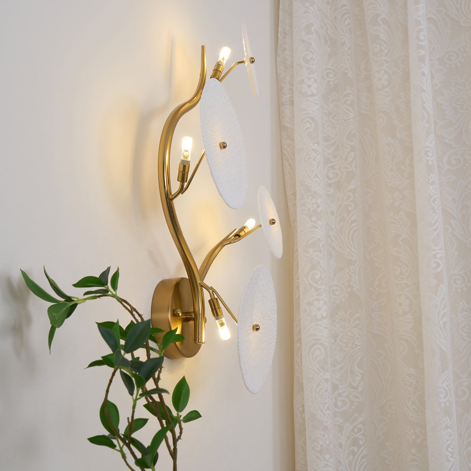 Wall Sconce, White Ceramic Lotus Petals, Gold Spine, G4 Hardwired