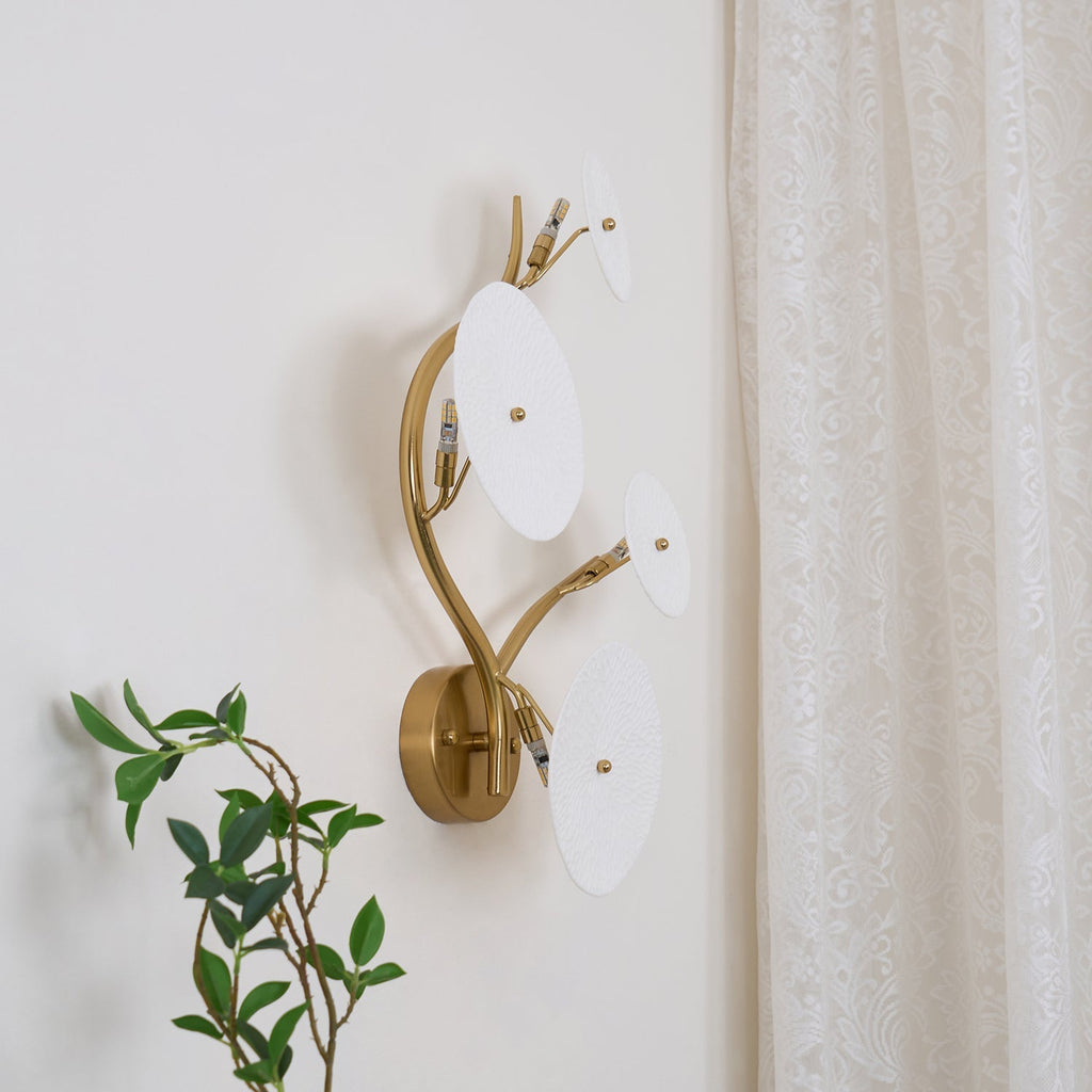 Wall Sconce, White Ceramic Lotus Petals, Gold Spine, G4 Hardwired