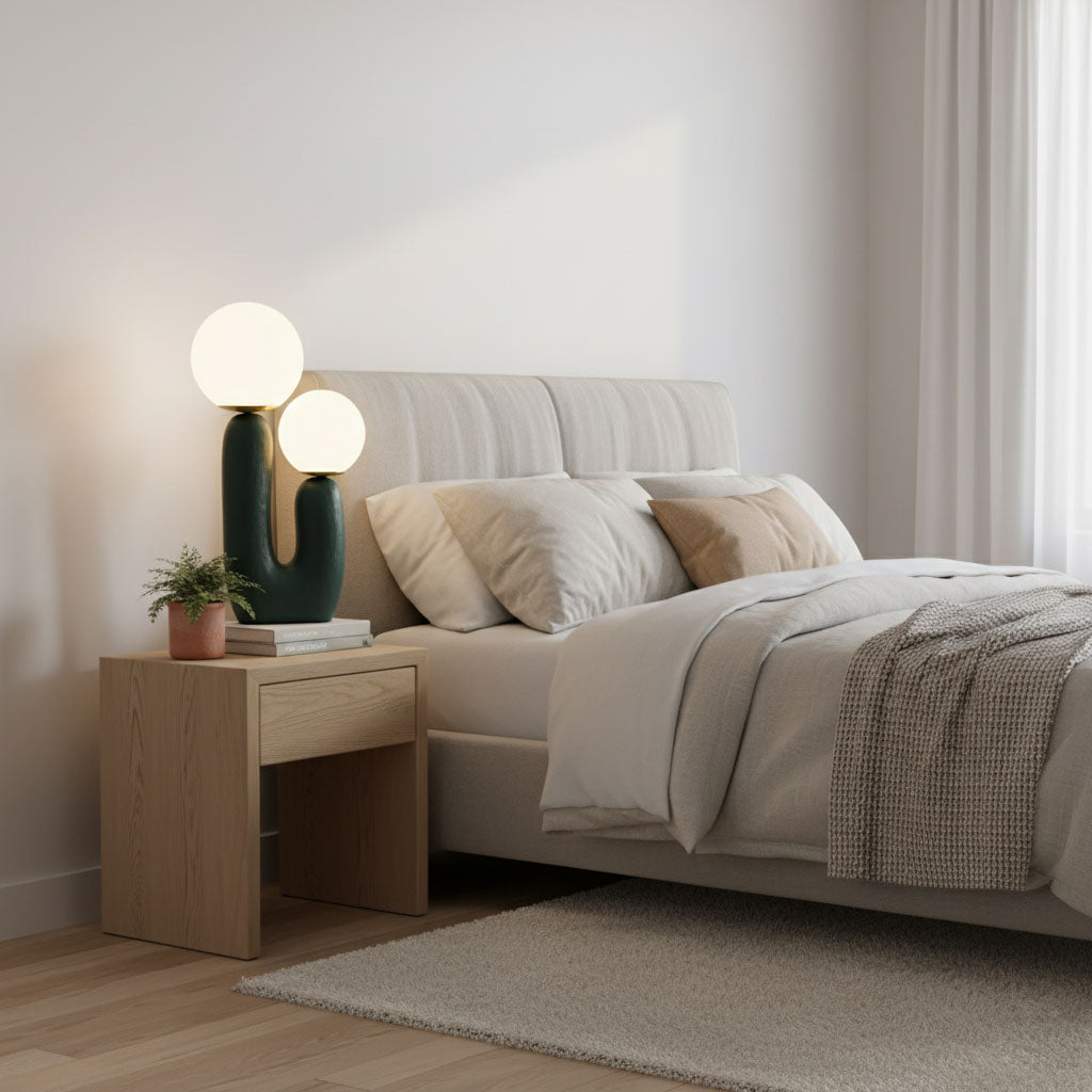 Oo Table Lamp, White Glass Globe Shade, Ceramic Body, G9, Plug-In