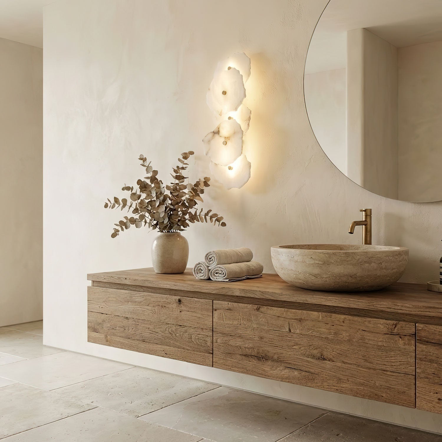 Petra Wall Sconce, Genuine Alabaster Shade, Gold Finish, Integrated LED