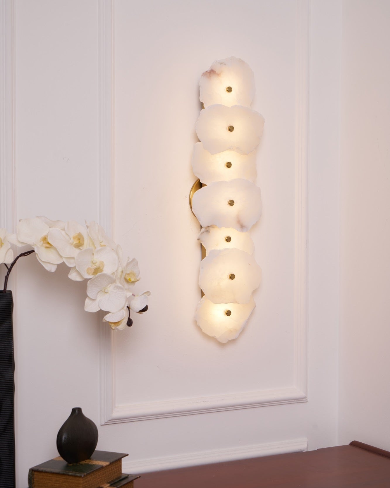 Petra Wall Sconce, Genuine Alabaster Shade, Gold Finish, Integrated LED