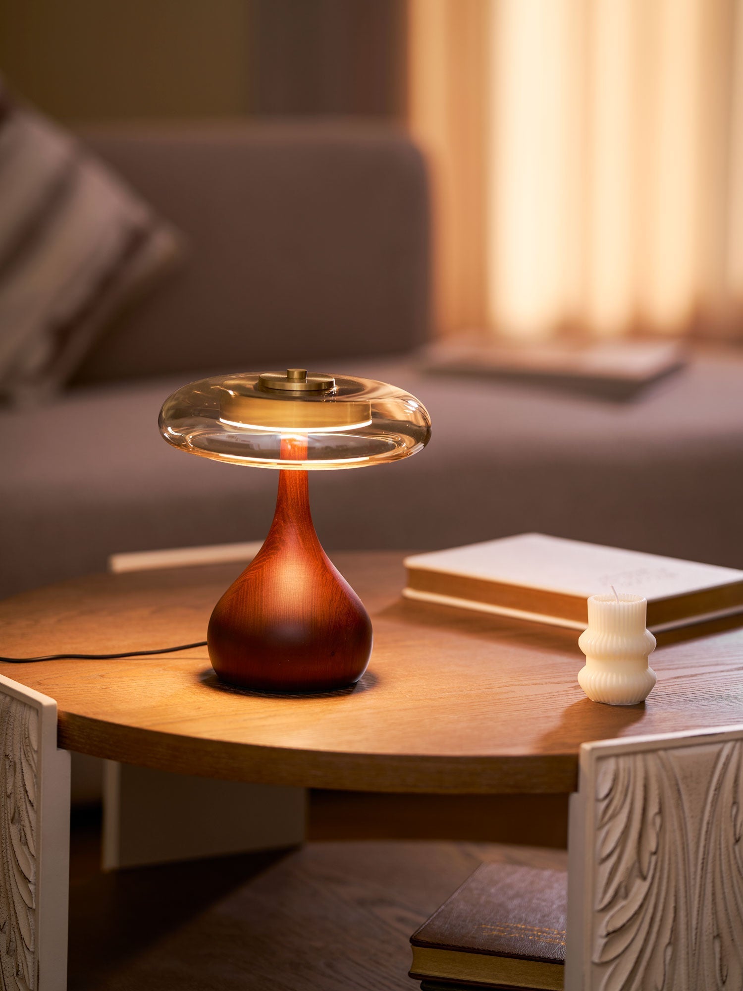 Sienna Table Lamp, Walnut Wood Base, Amber Glass Shade, LED