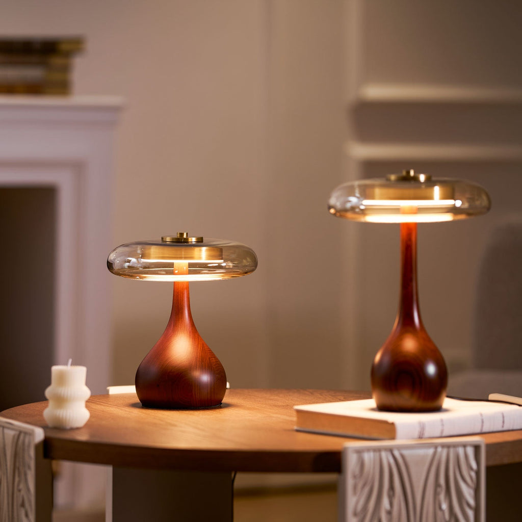 Sienna Table Lamp, Walnut Wood Base, Amber Glass Shade, LED