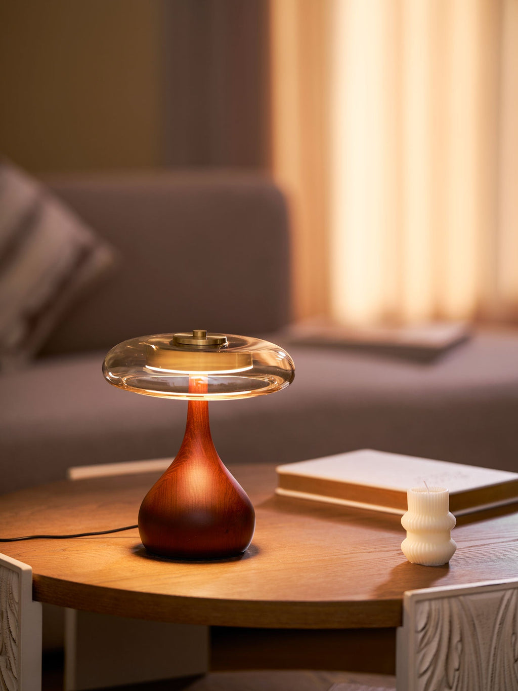 Sienna Table Lamp, Walnut Wood Base, Amber Glass Shade, LED