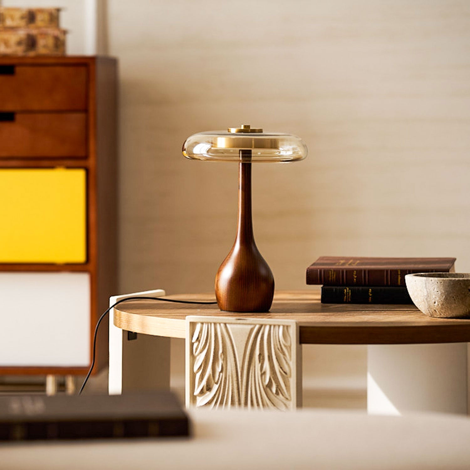 Sienna Table Lamp, Walnut Wood Base, Amber Glass Shade, LED