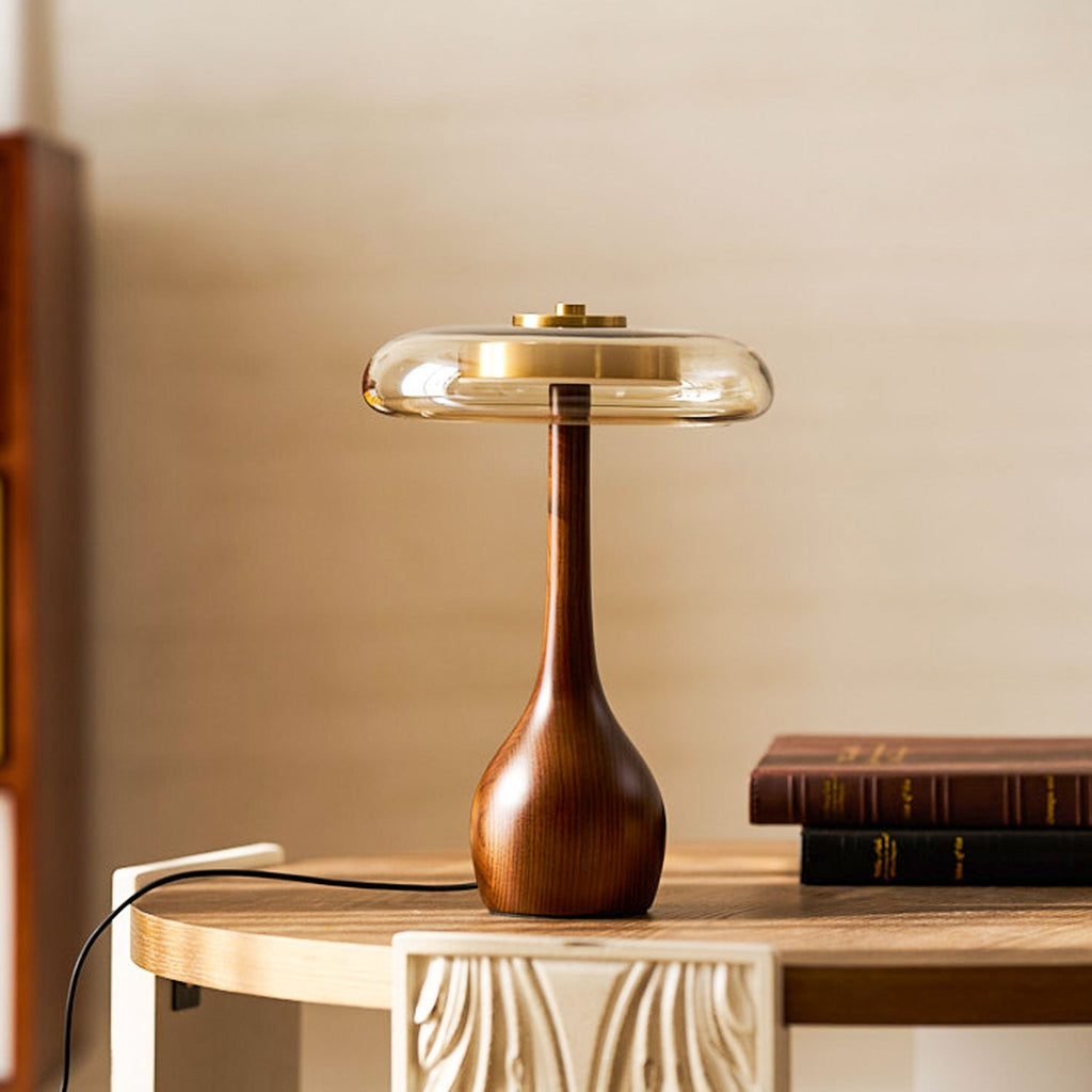 Sienna Table Lamp, Walnut Wood Base, Amber Glass Shade, LED