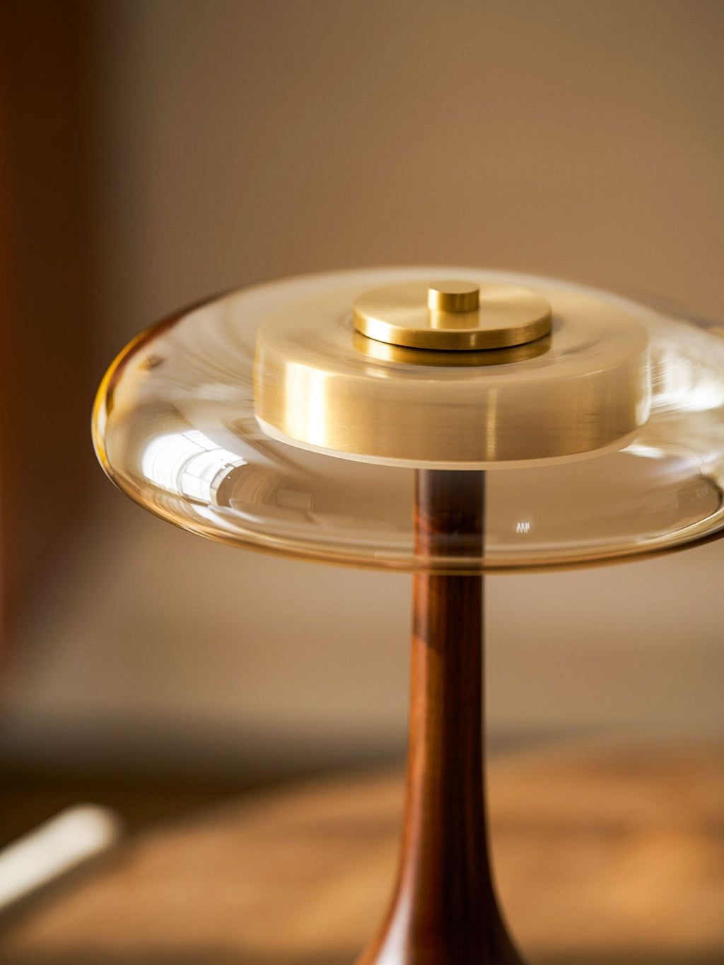 Sienna Table Lamp, Walnut Wood Base, Amber Glass Shade, LED