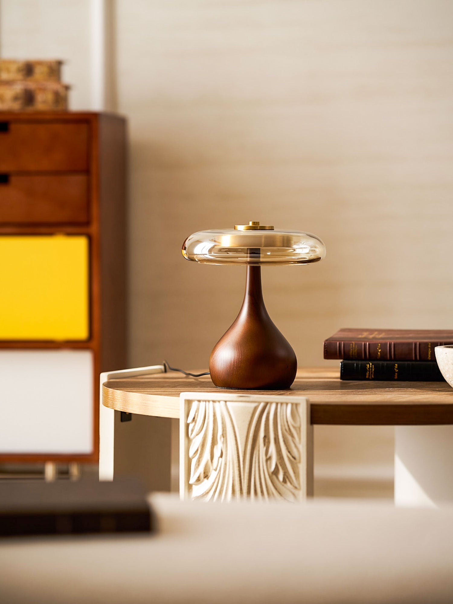 Sienna Table Lamp, Walnut Wood Base, Amber Glass Shade, LED