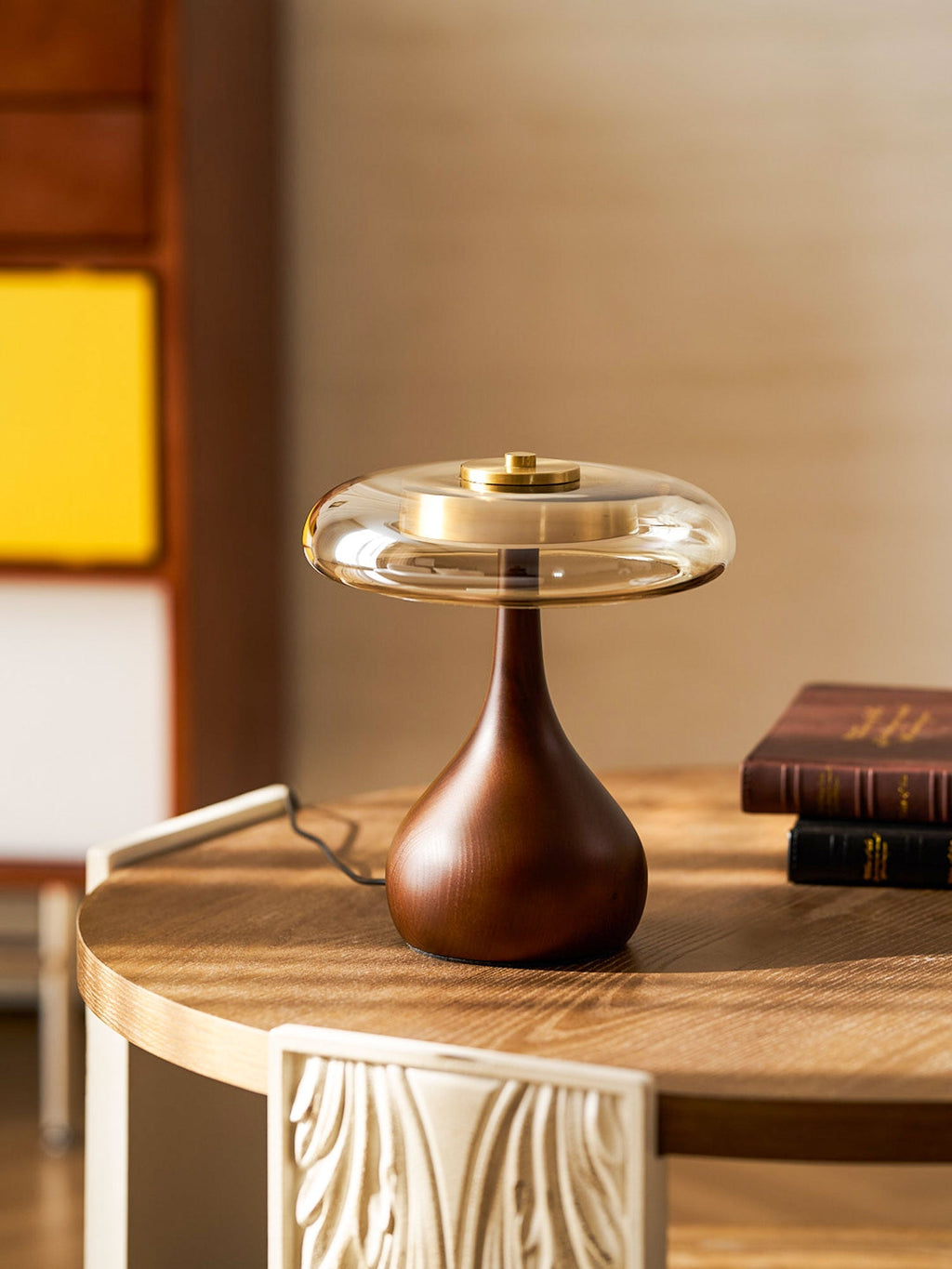 Sienna Table Lamp, Walnut Wood Base, Amber Glass Shade, LED