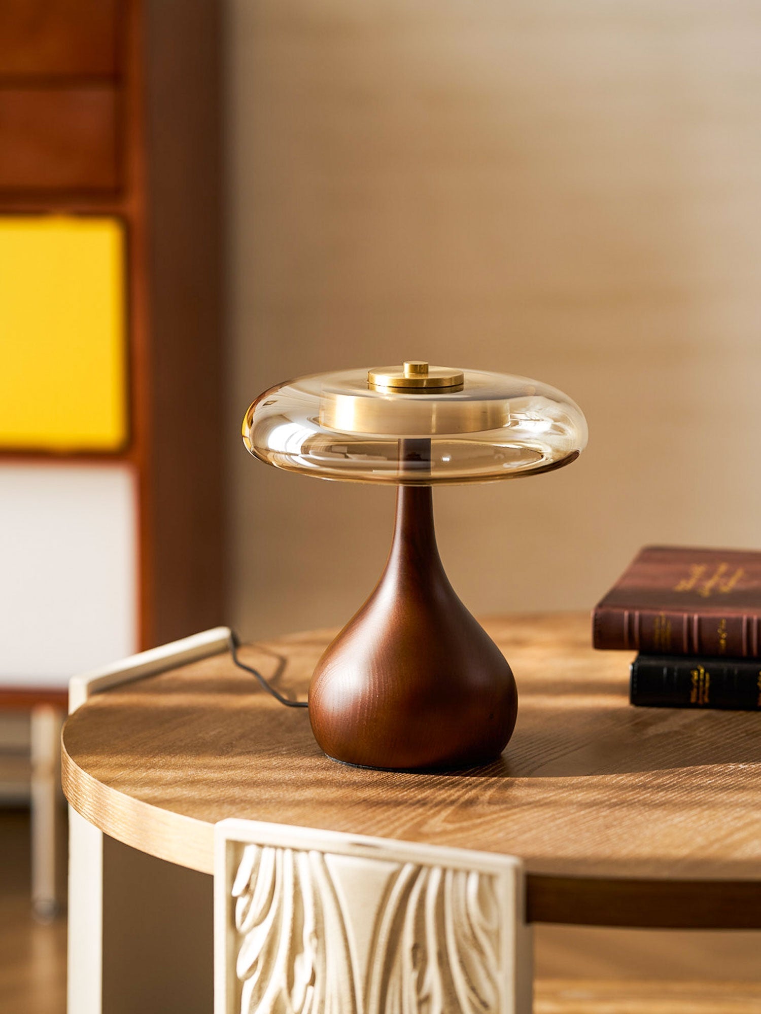 Sienna Table Lamp, Walnut Wood Base, Amber Glass Shade, LED