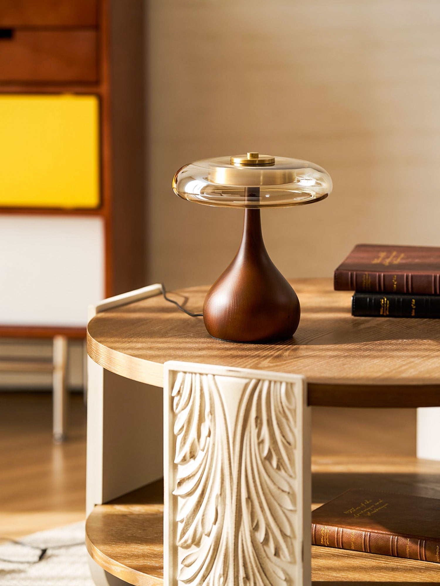 Sienna Table Lamp, Walnut Wood Base, Amber Glass Shade, LED