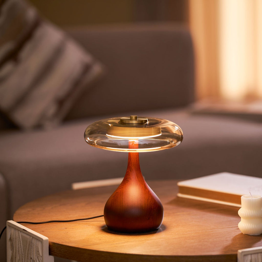 Sienna Table Lamp, Walnut Wood Base, Amber Glass Shade, LED