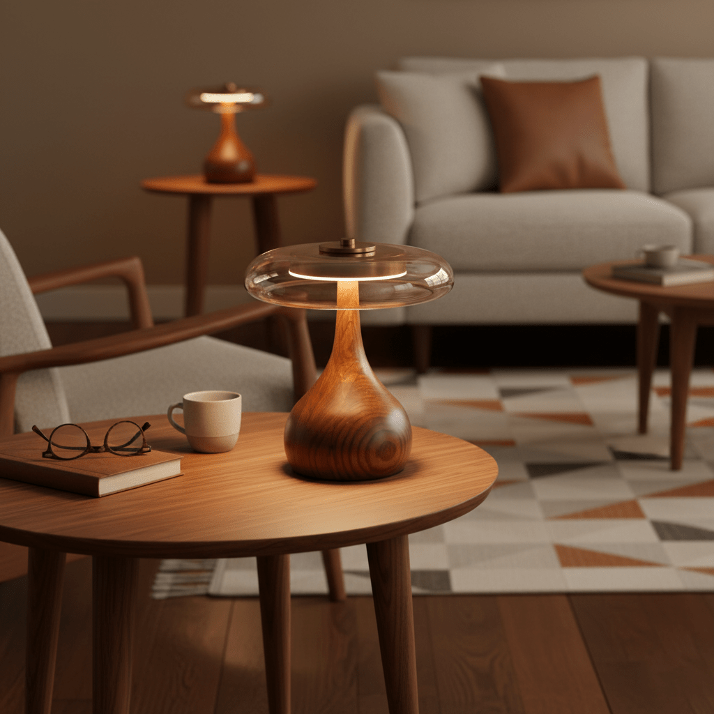 Sienna Table Lamp, Walnut Wood Base, Amber Glass Shade, LED