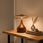 Sienna Table Lamp, Walnut Wood Base, Amber Glass Shade, LED