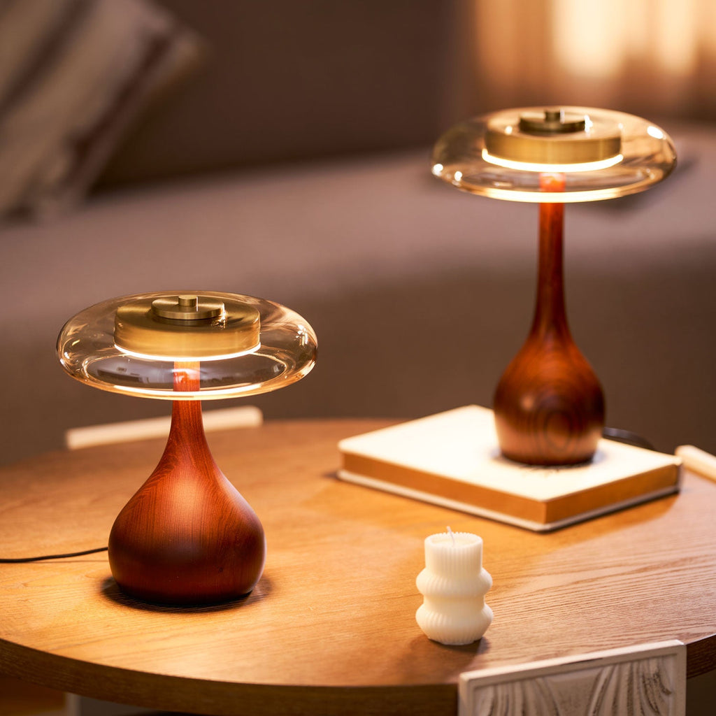 Sienna Table Lamp, Walnut Wood Base, Amber Glass Shade, LED