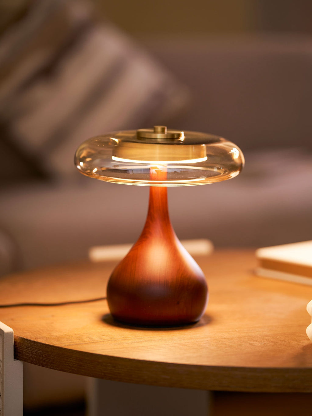Sienna Table Lamp, Walnut Wood Base, Amber Glass Shade, LED