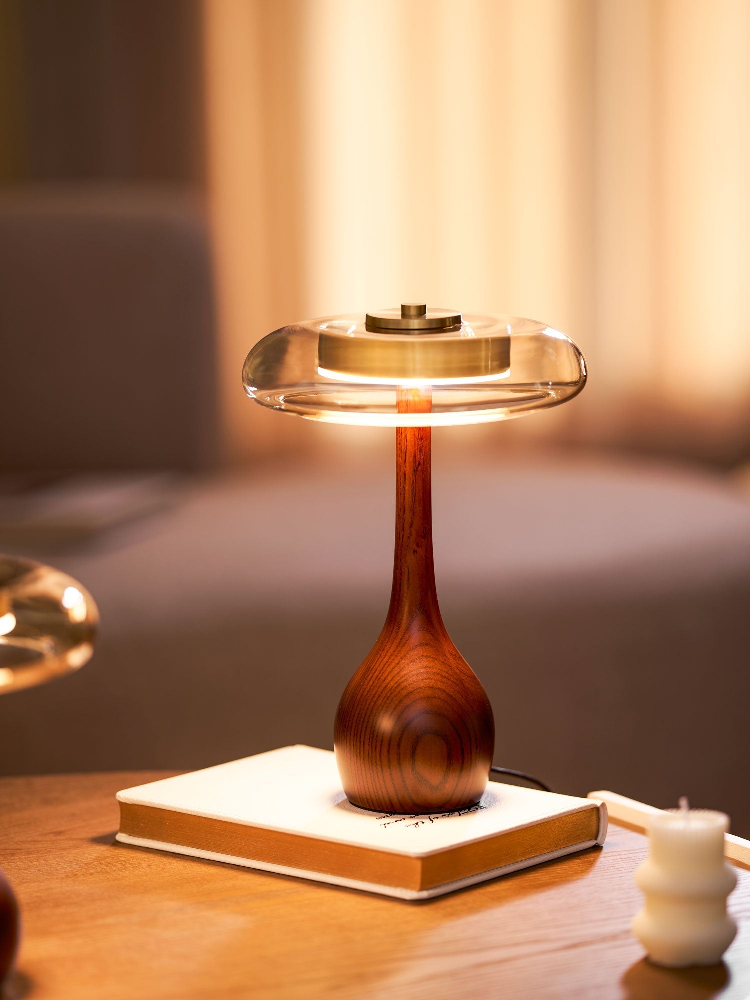 Sienna Table Lamp, Walnut Wood Base, Amber Glass Shade, LED