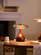 Sienna Table Lamp, Walnut Wood Base, Amber Glass Shade, LED