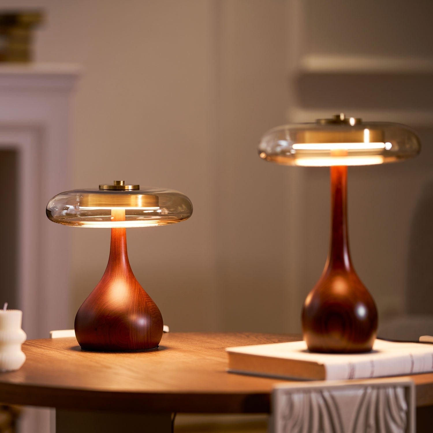 Sienna Table Lamp, Walnut Wood Base, Amber Glass Shade, LED