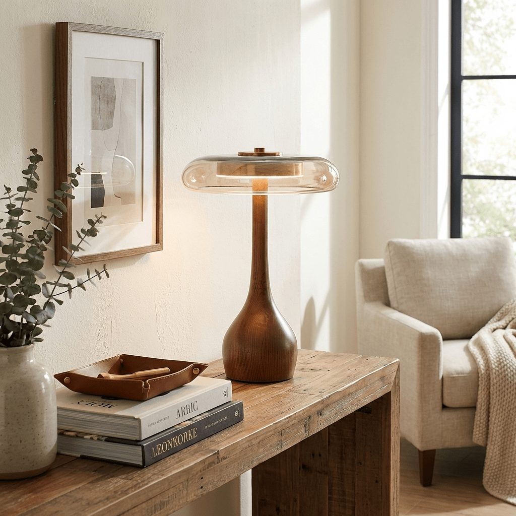 Sienna Table Lamp, Walnut Wood Base, Amber Glass Shade, LED