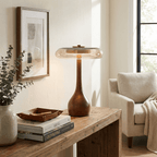 Sienna Table Lamp, Walnut Wood Base, Amber Glass Shade, LED