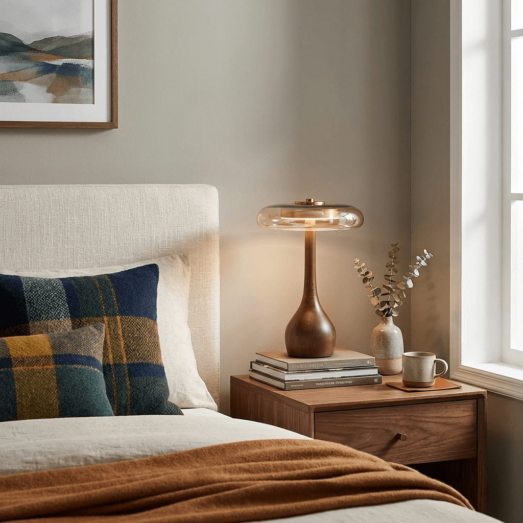 Sienna Table Lamp, Walnut Wood Base, Amber Glass Shade, LED