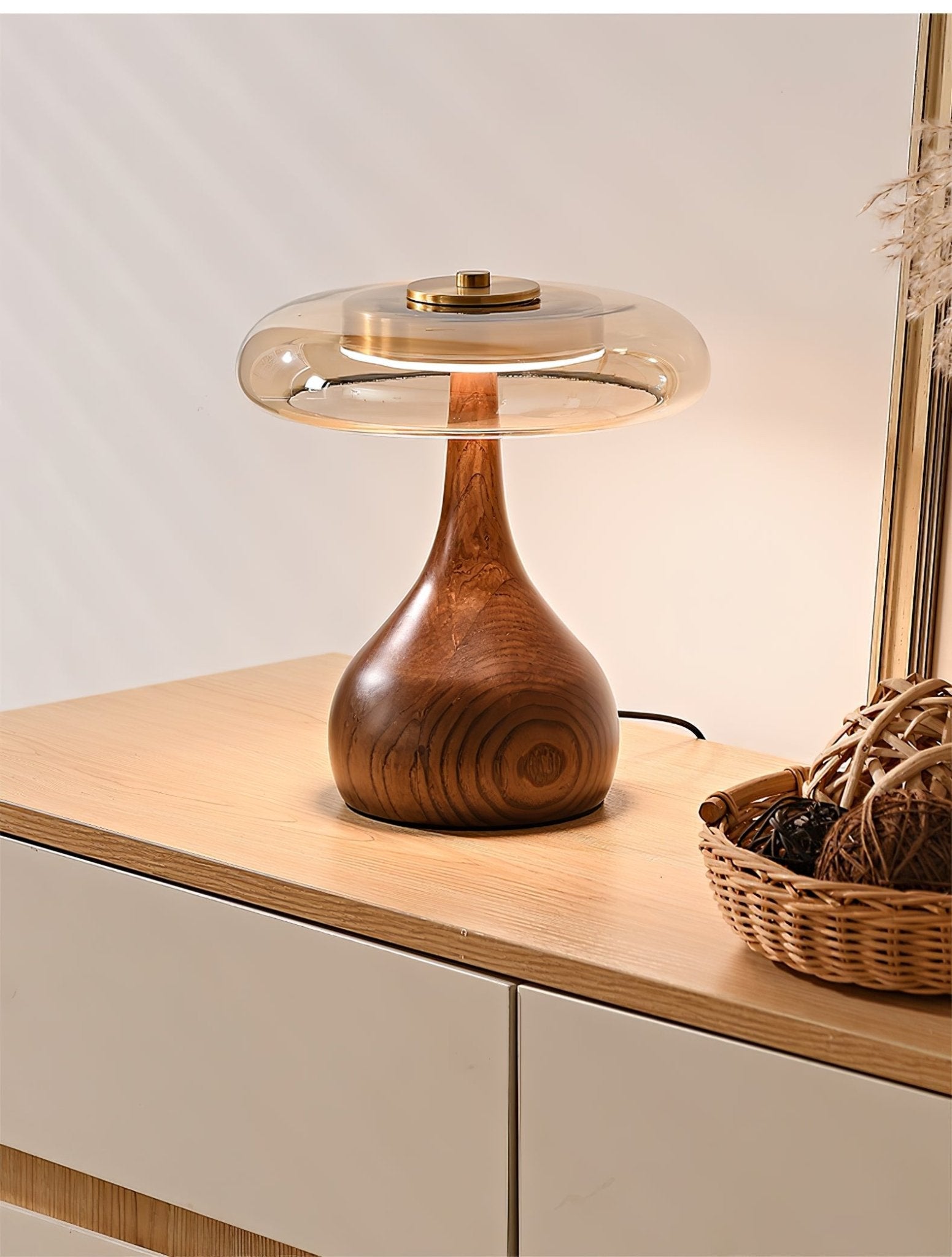 Sienna Table Lamp, Walnut Wood Base, Amber Glass Shade, LED