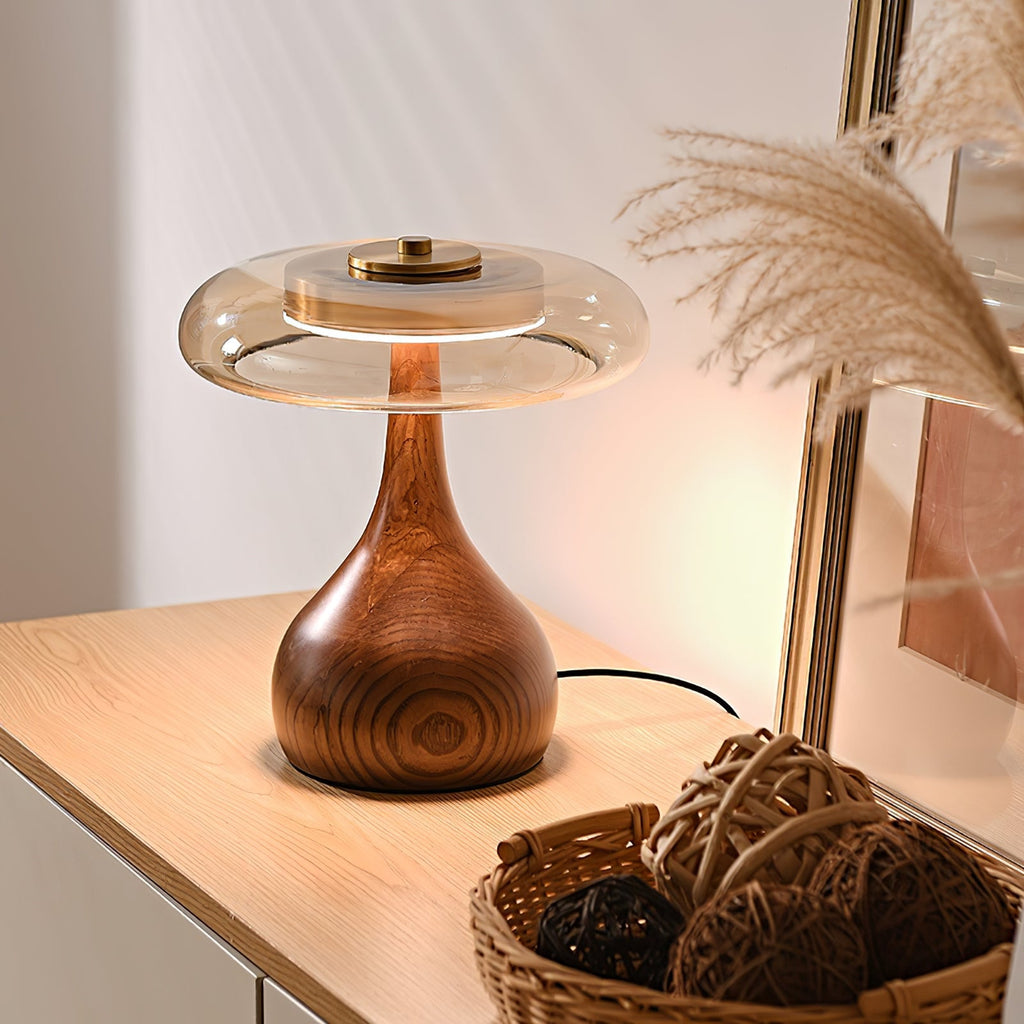 Sienna Table Lamp, Walnut Wood Base, Amber Glass Shade, LED
