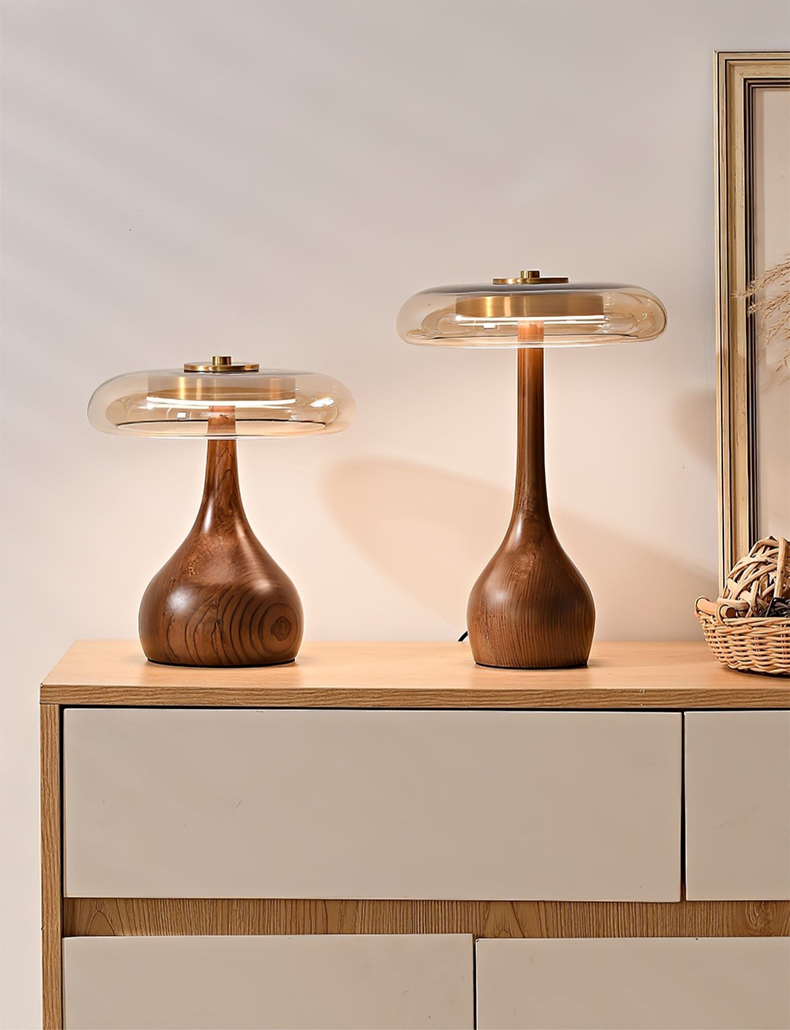 Sienna Table Lamp, Walnut Wood Base, Amber Glass Shade, LED