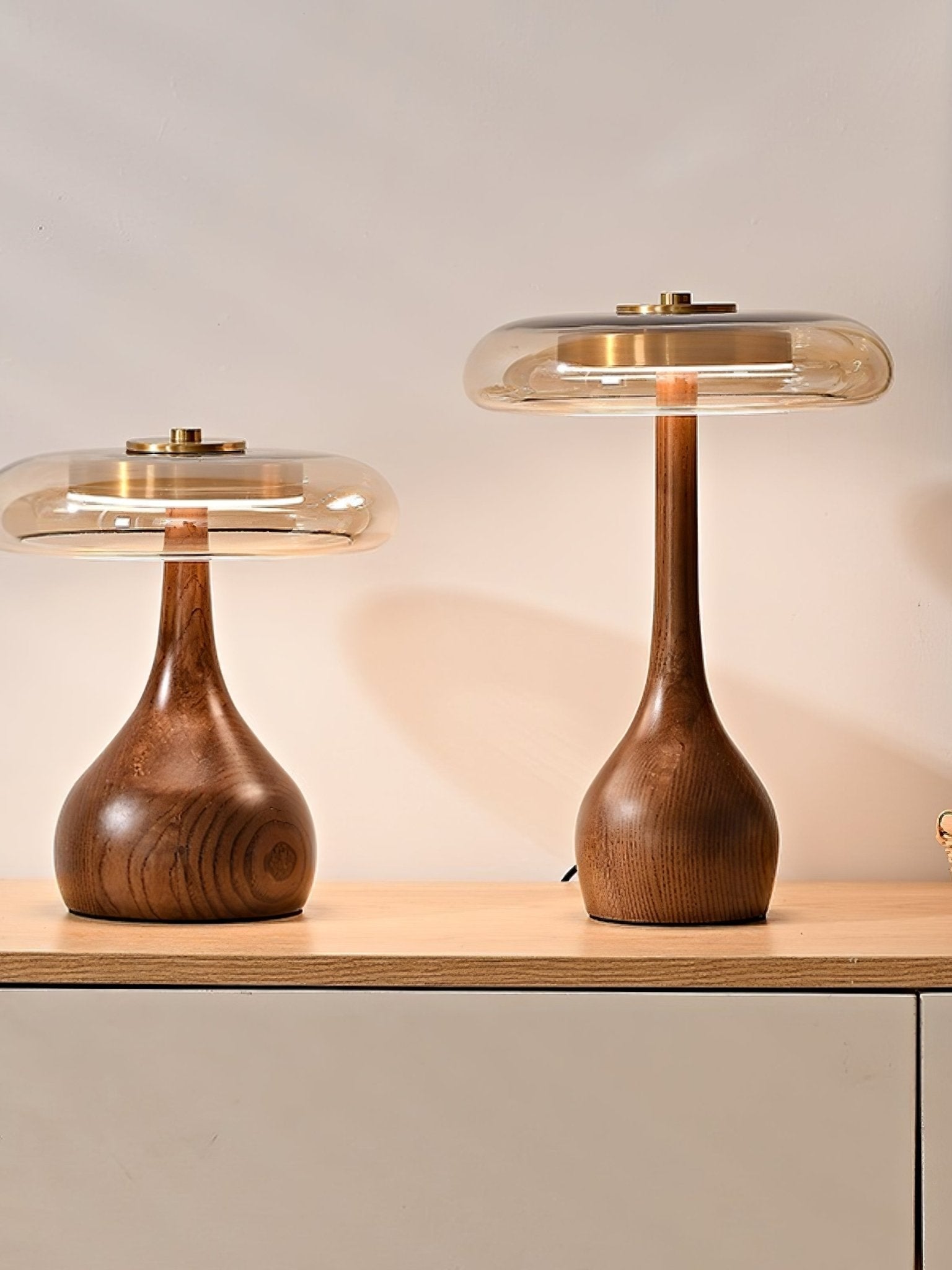 Sienna Table Lamp, Walnut Wood Base, Amber Glass Shade, LED