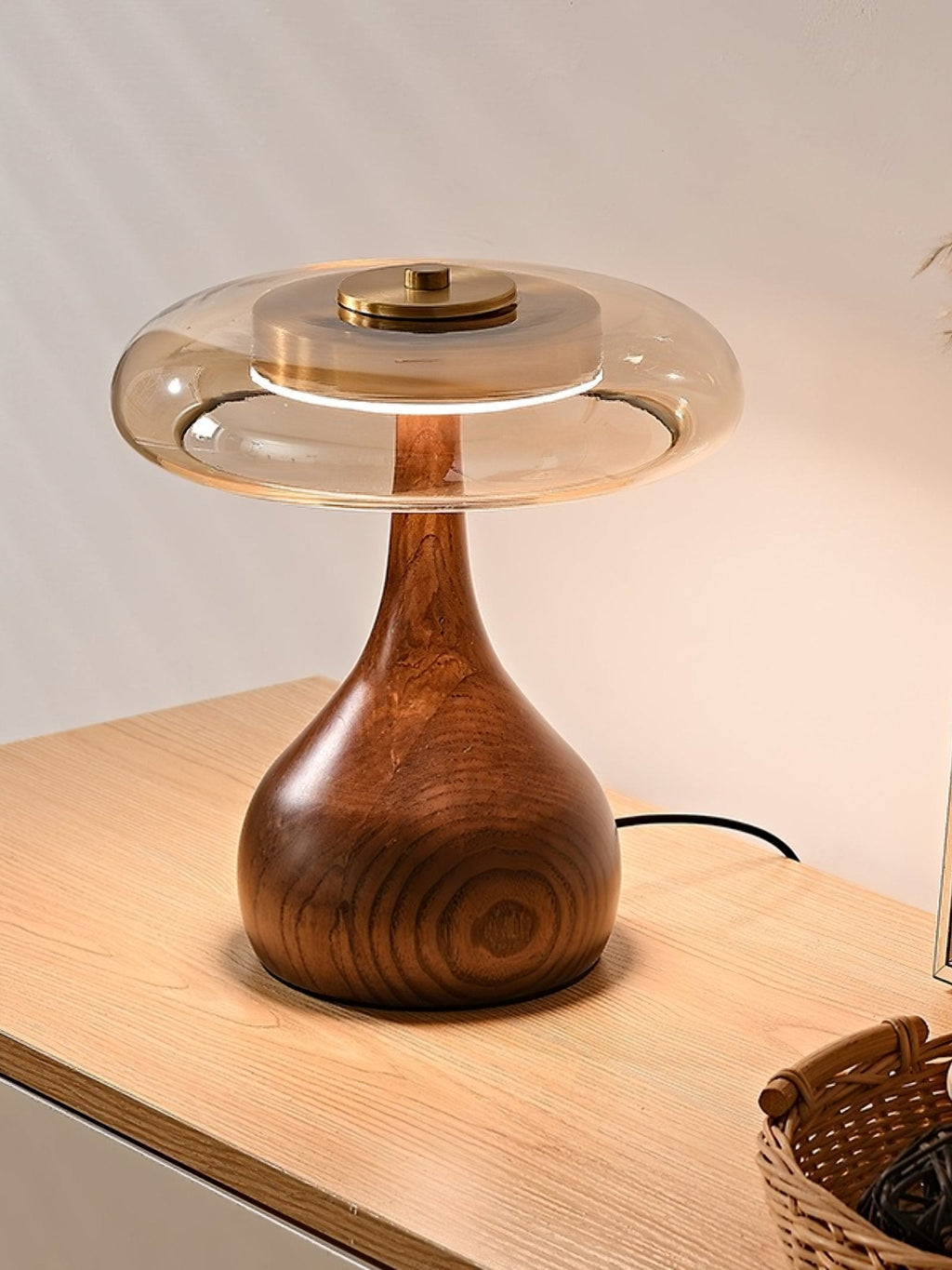 Sienna Table Lamp, Walnut Wood Base, Amber Glass Shade, LED