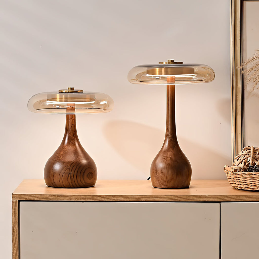 Sienna Table Lamp, Walnut Wood Base, Amber Glass Shade, LED