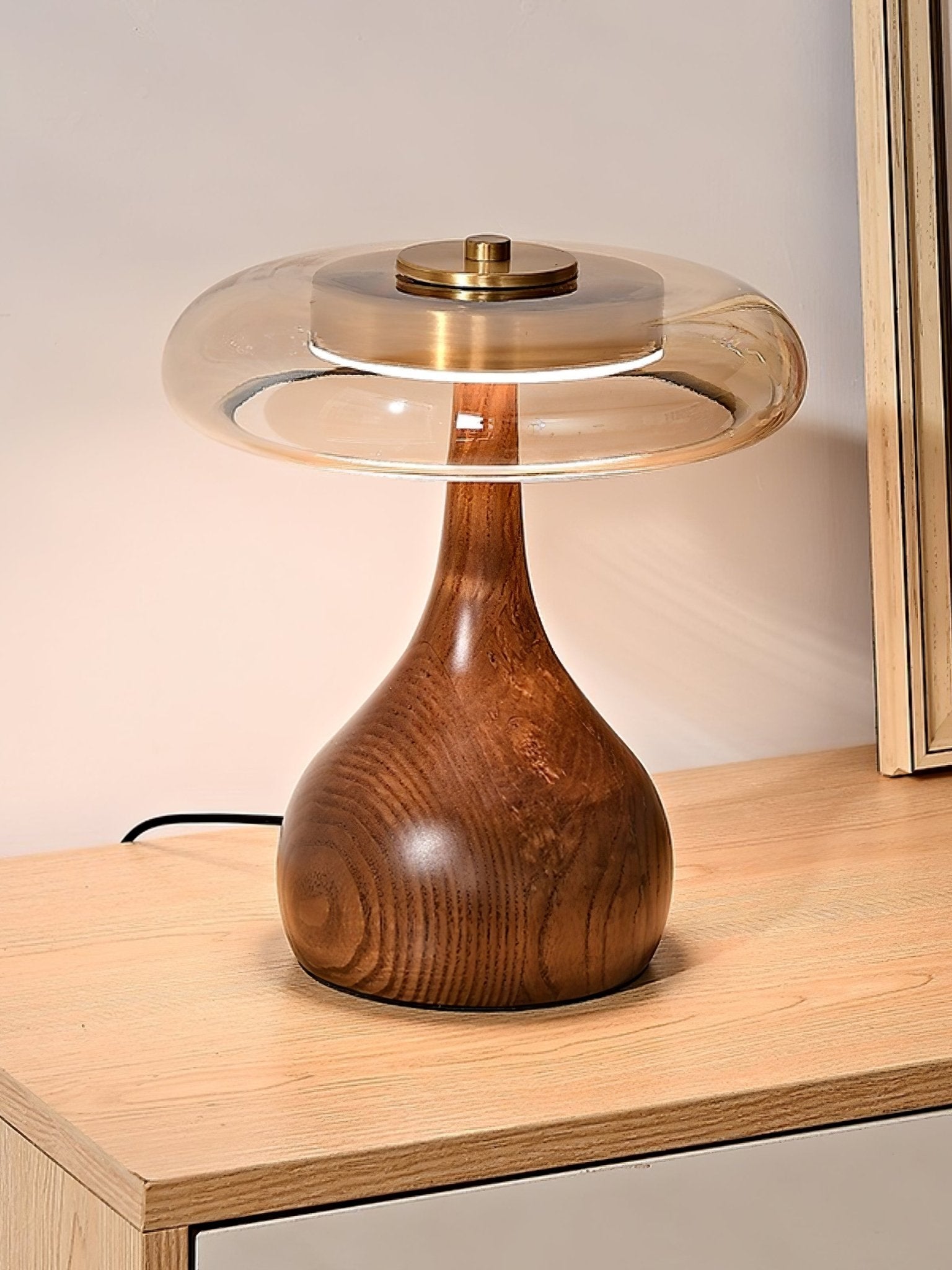 Sienna Table Lamp, Walnut Wood Base, Amber Glass Shade, LED