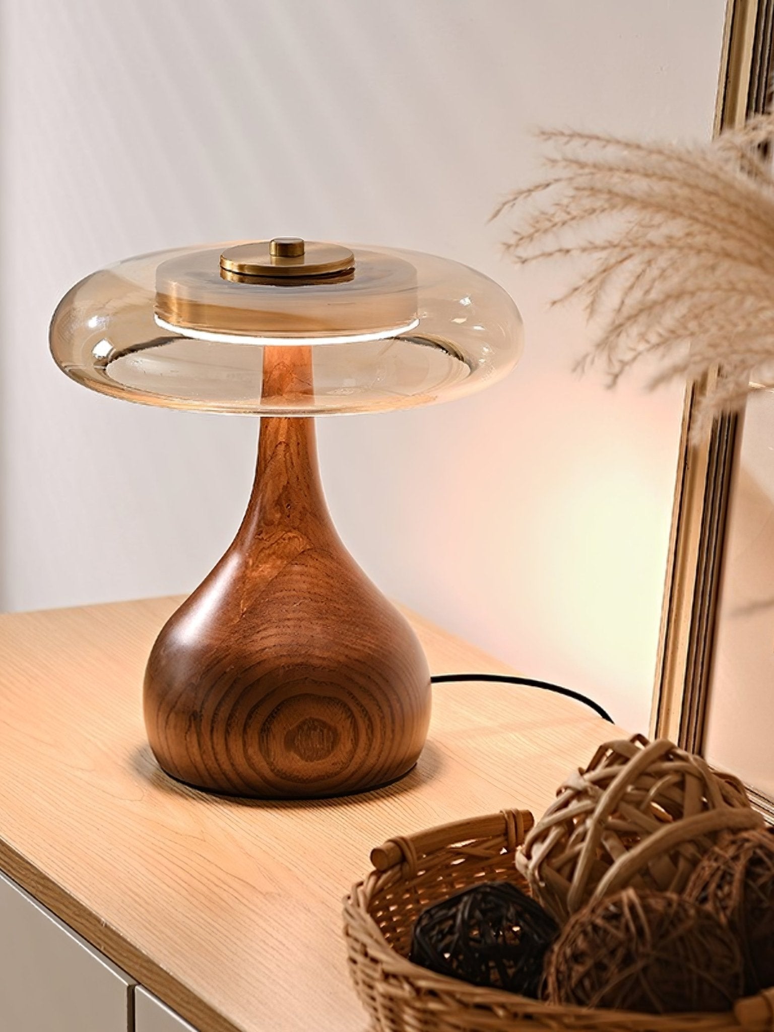Sienna Table Lamp, Walnut Wood Base, Amber Glass Shade, LED