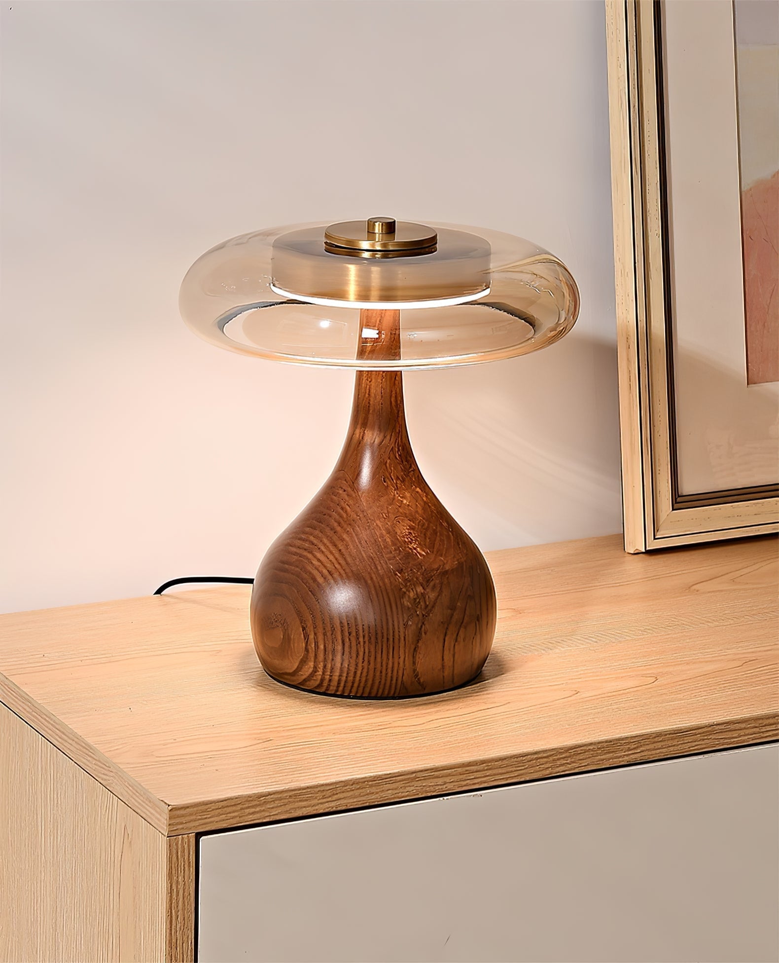 Sienna Table Lamp, Walnut Wood Base, Amber Glass Shade, LED