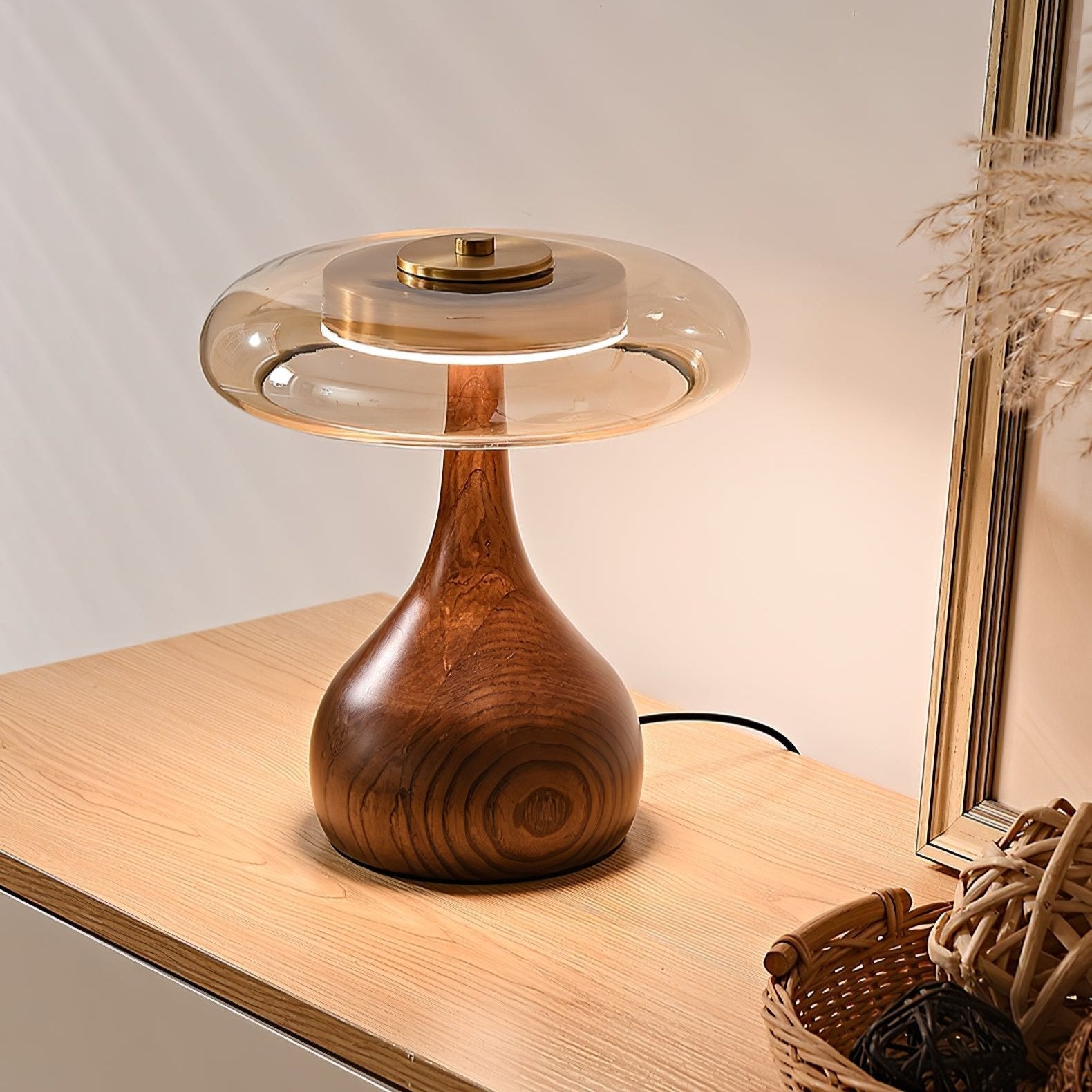 Sienna Table Lamp, Walnut Wood Base, Amber Glass Shade, LED