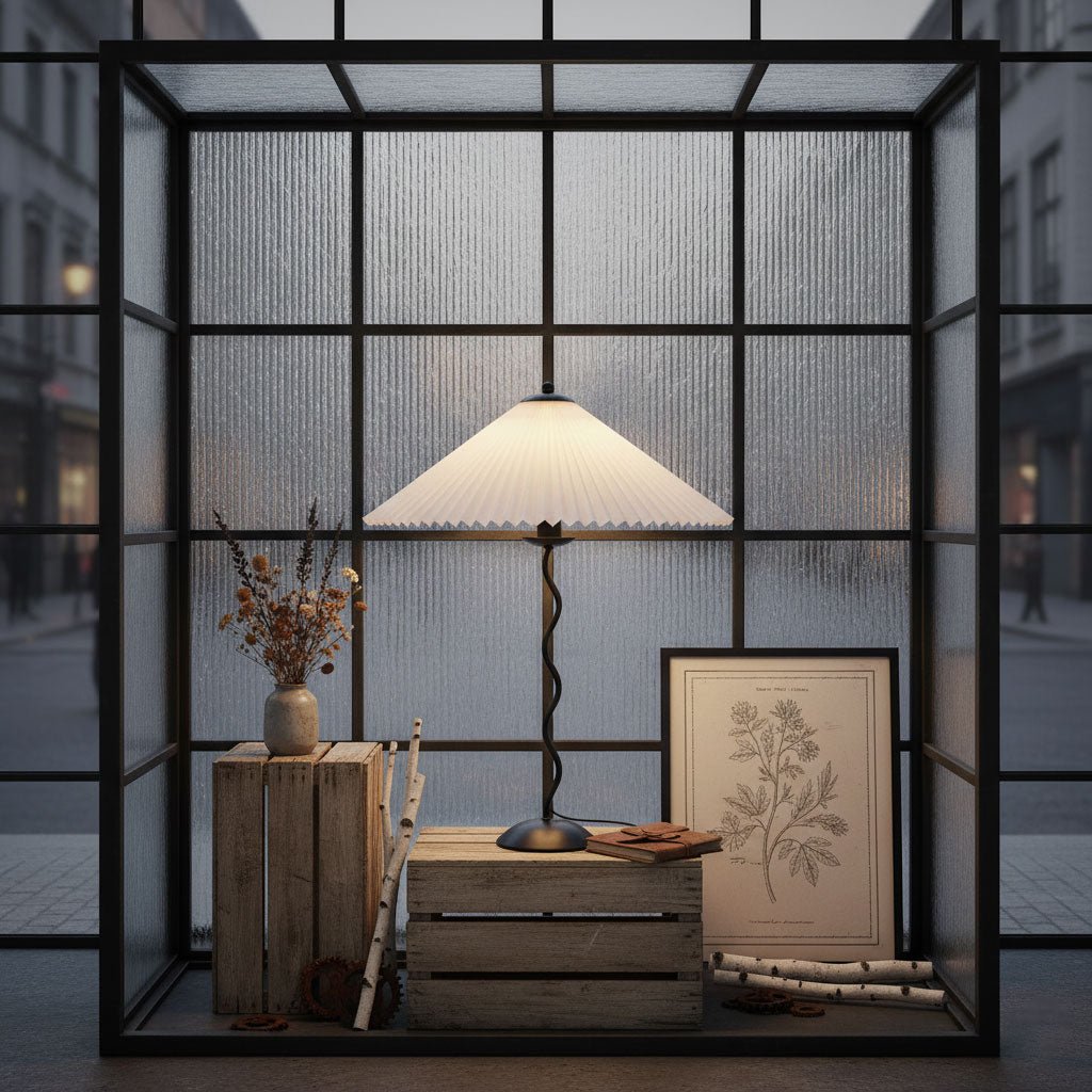 Squiggle Table Lamp, Wavy Stem, Pleated Fabric Shade, E14 Plug-In