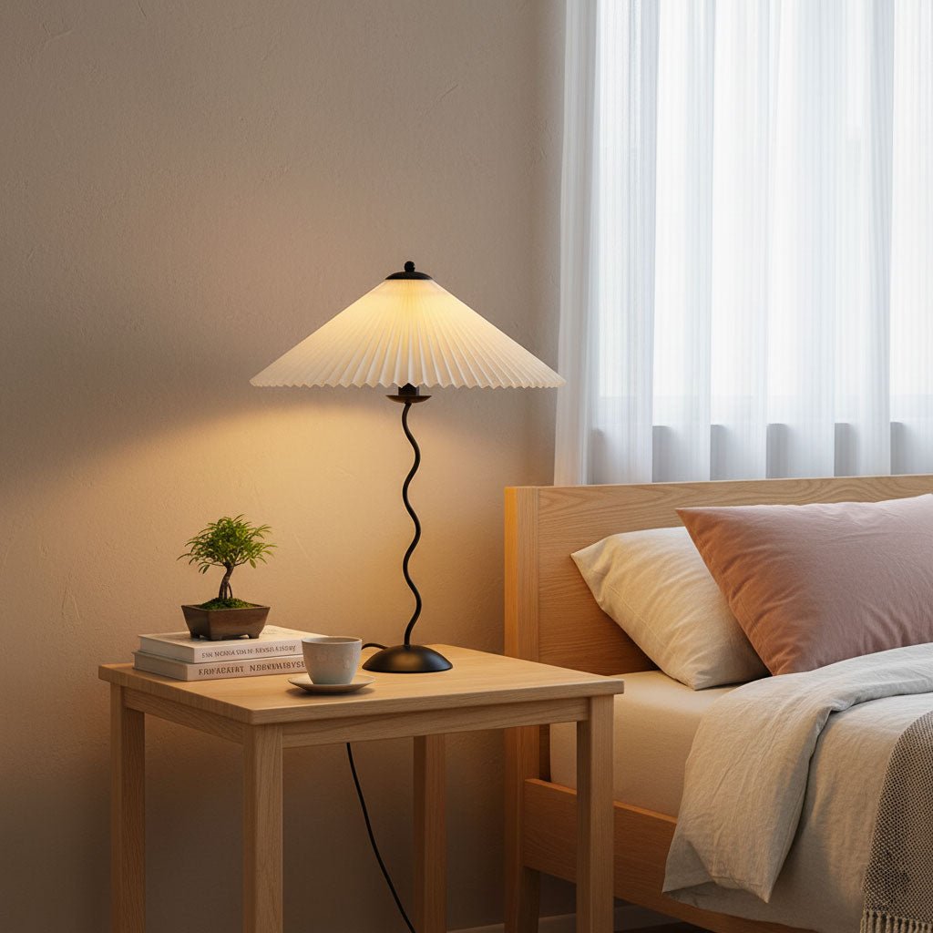 Squiggle Table Lamp, Wavy Stem, Pleated Fabric Shade, E14 Plug-In