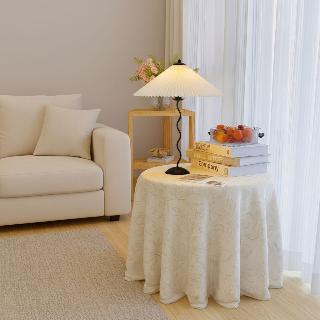 Squiggle Table Lamp, Wavy Stem, Pleated Fabric Shade, E14 Plug-In