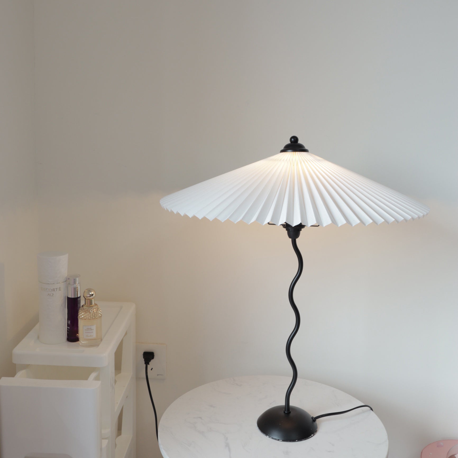 Squiggle Table Lamp, Wavy Stem, Pleated Fabric Shade, E14 Plug-In