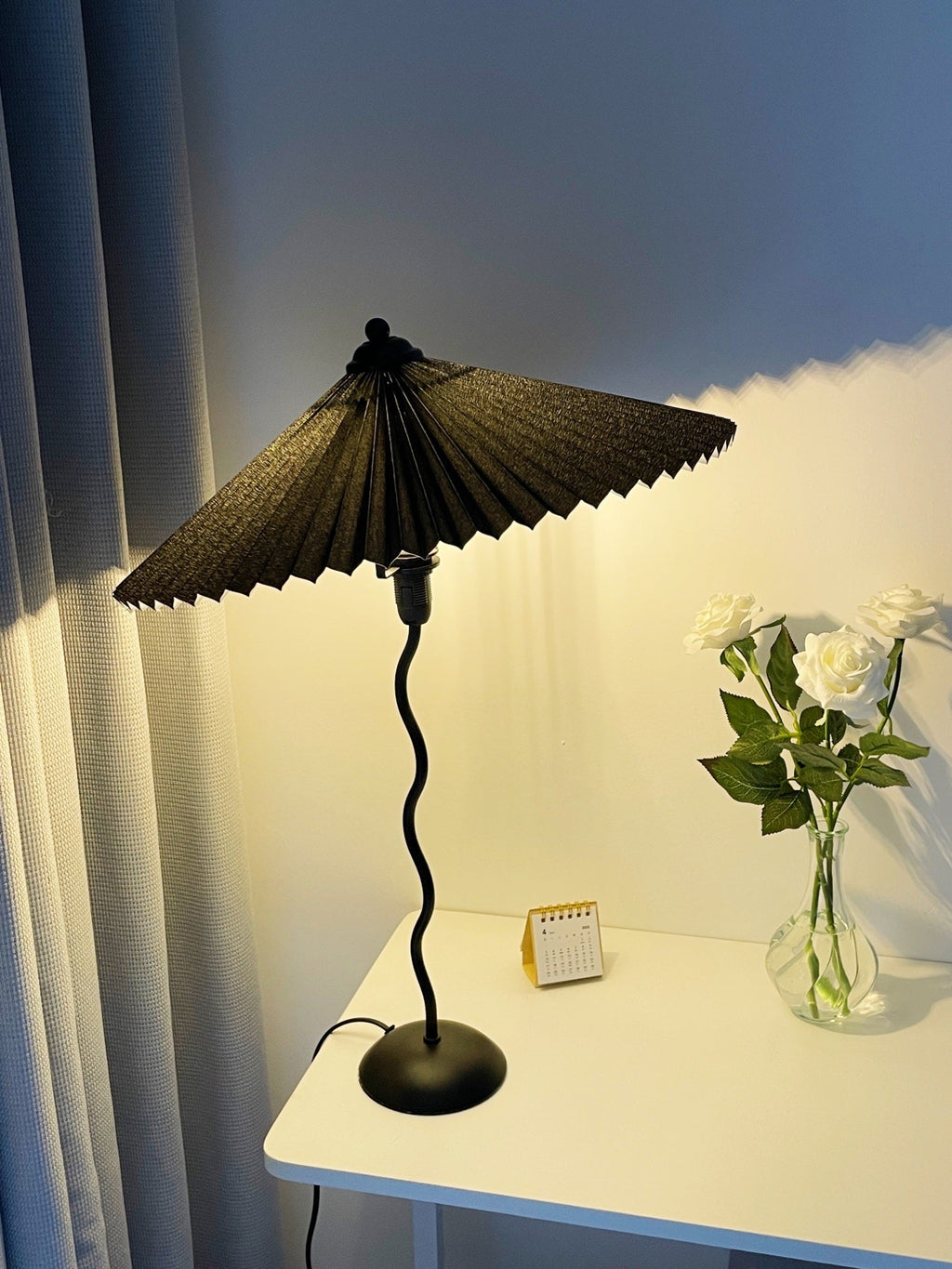 Squiggle Table Lamp, Wavy Stem, Pleated Fabric Shade, E14 Plug-In