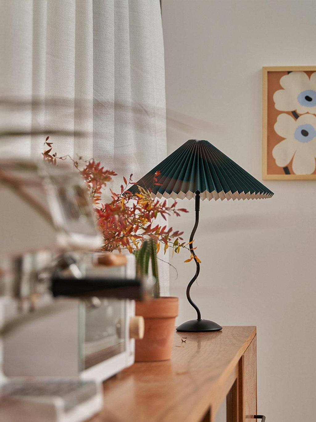 Squiggle Table Lamp, Wavy Stem, Pleated Fabric Shade, E14 Plug-In