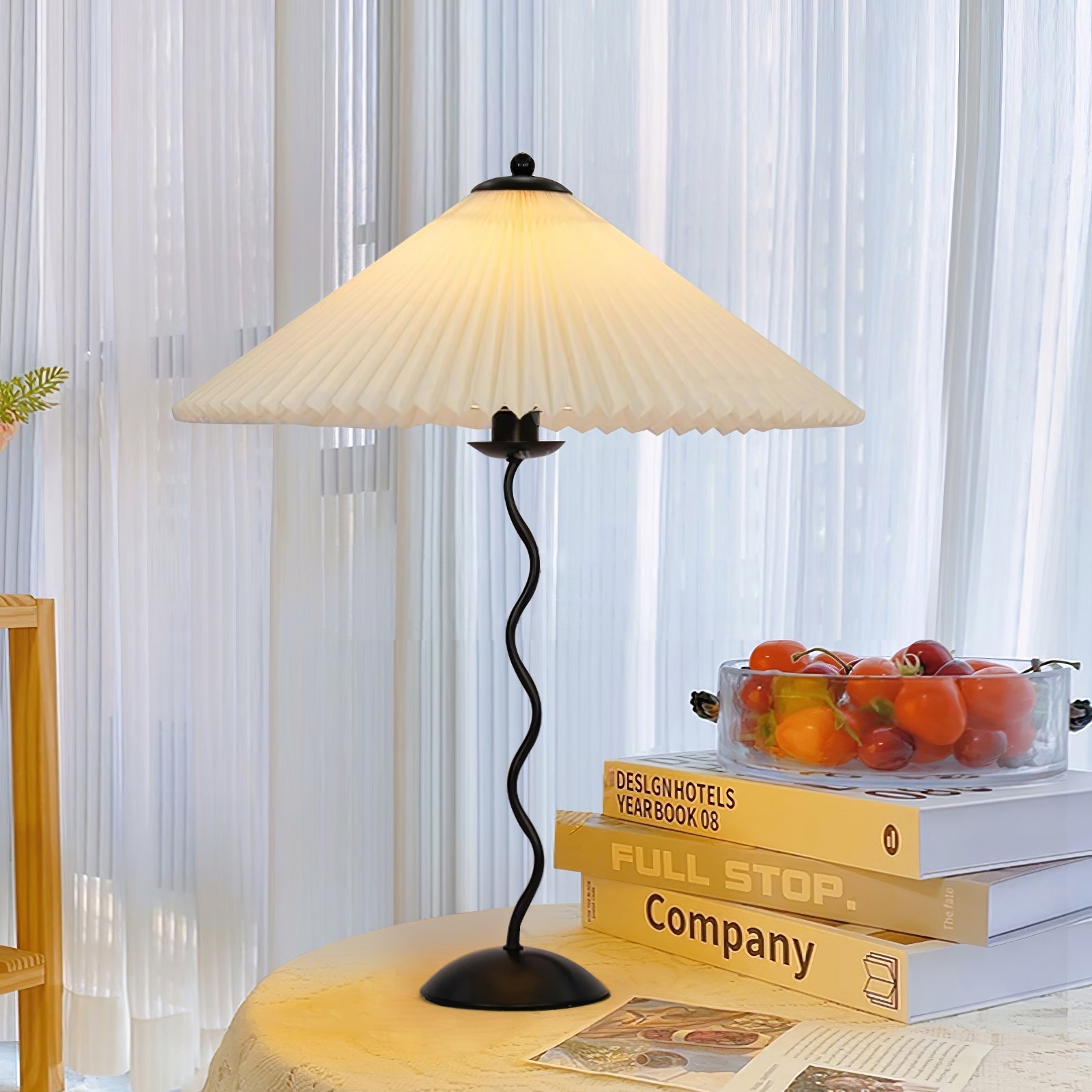 Squiggle Table Lamp, Wavy Stem, Pleated Fabric Shade, E14 Plug-In