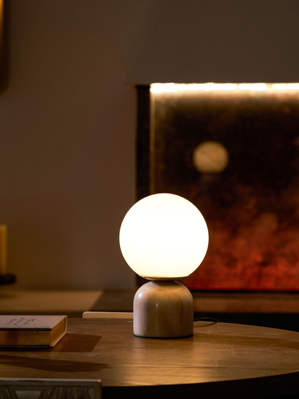 Table Lamp, Sylas Marble Base, White Glass Orb, E26/E27 Plug-In