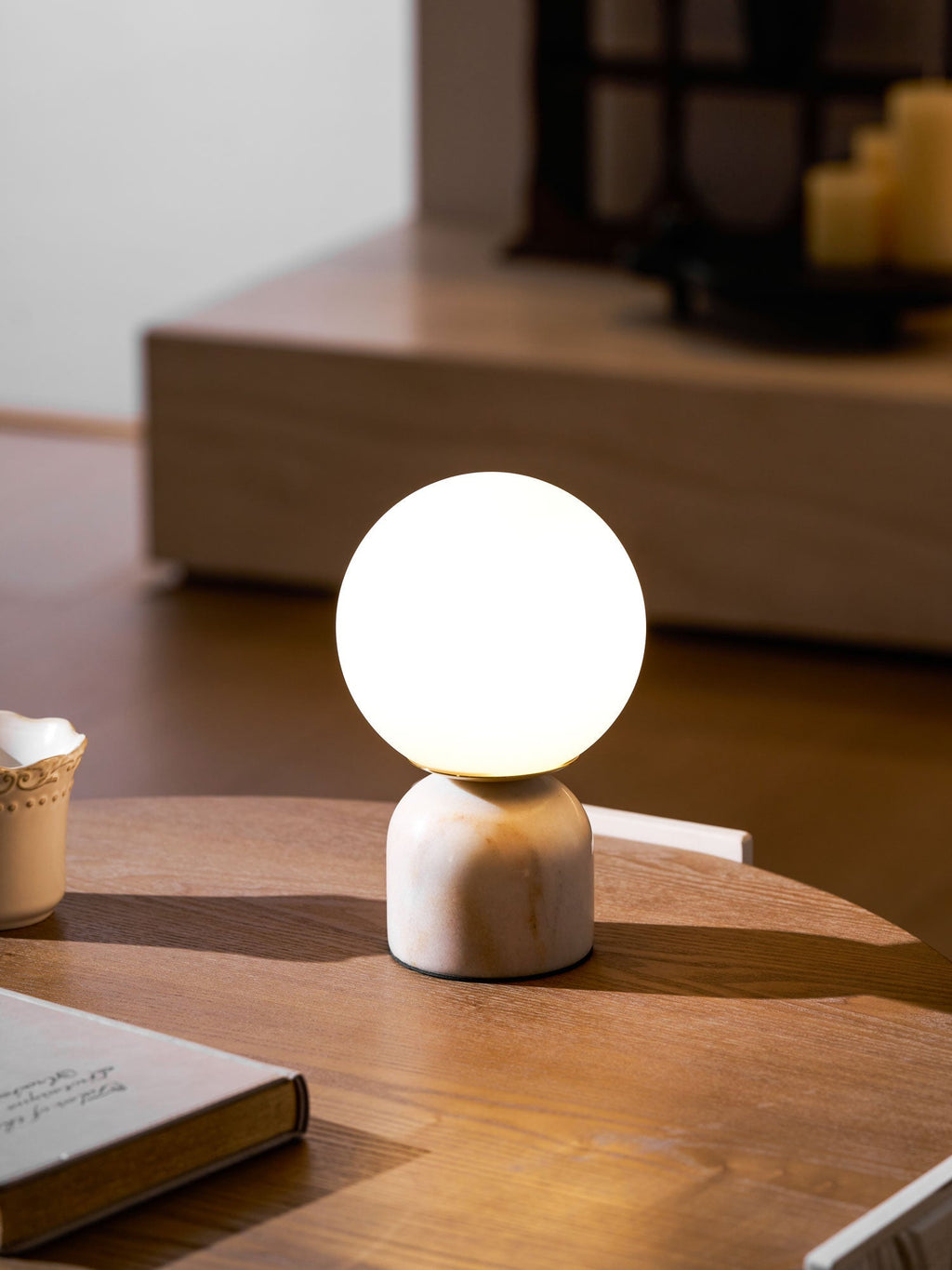 Table Lamp, Sylas Marble Base, White Glass Orb, E26/E27 Plug-In