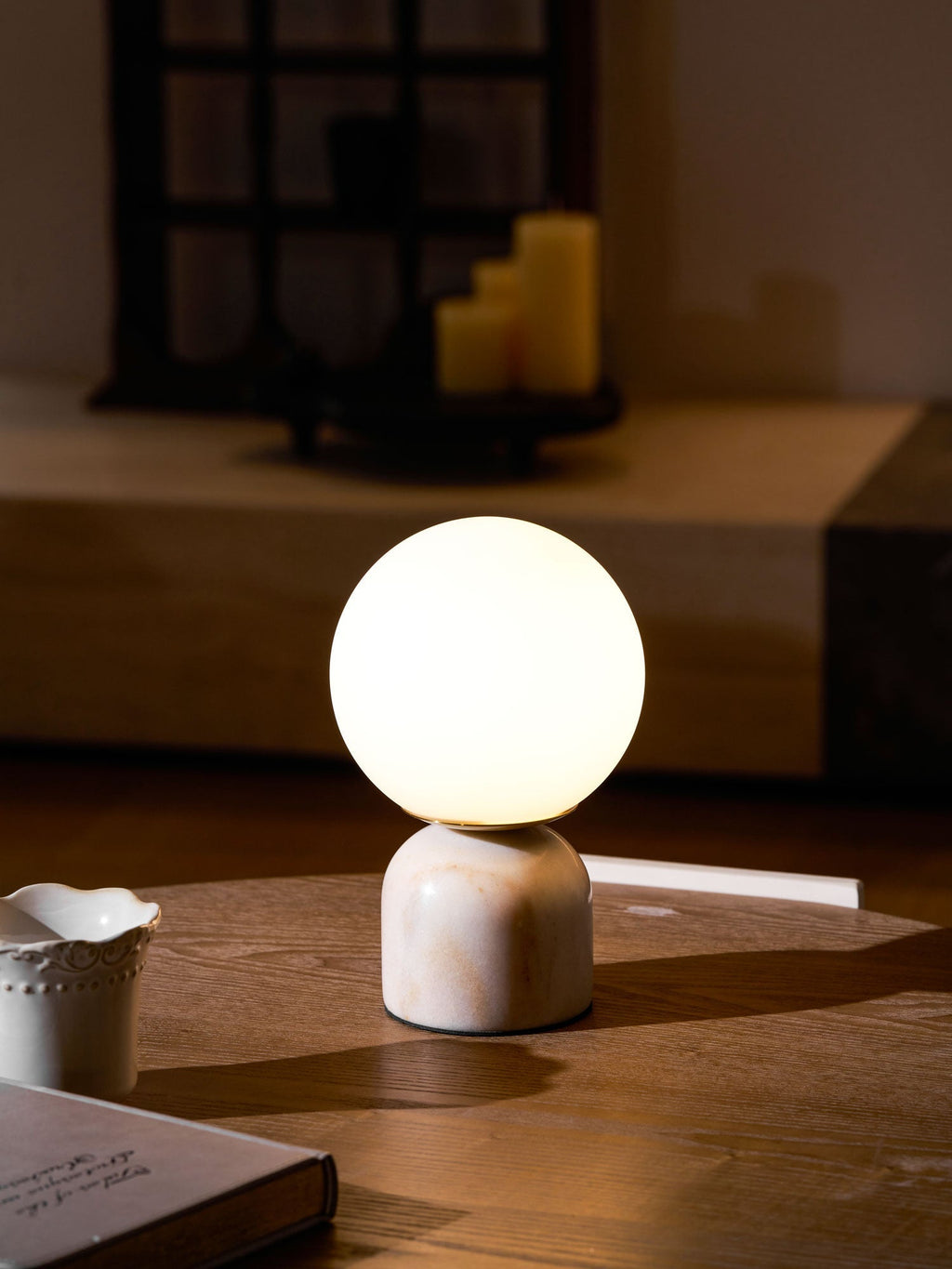 Table Lamp, Sylas Marble Base, White Glass Orb, E26/E27 Plug-In