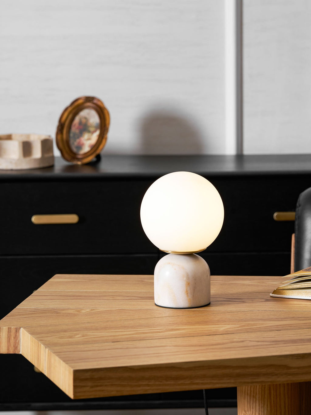 Table Lamp, Sylas Marble Base, White Glass Orb, E26/E27 Plug-In