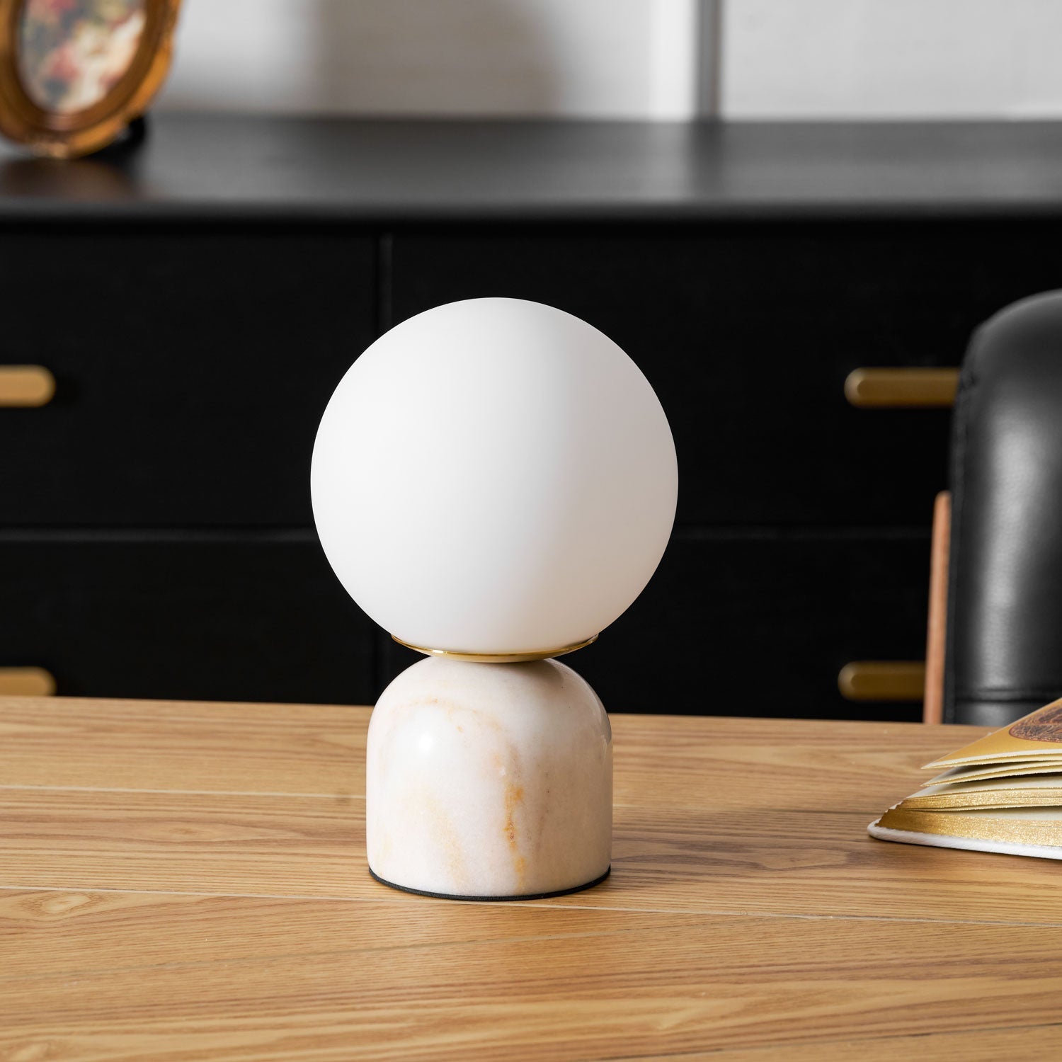 Table Lamp, Sylas Marble Base, White Glass Orb, E26/E27 Plug-In